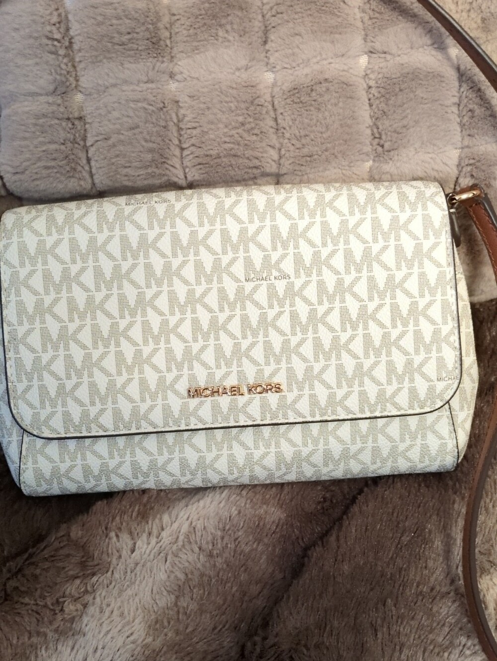 Michael Kors Cream and Brown MK Logo Crossbody Bag